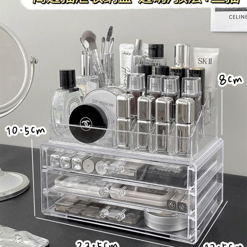 Kosmeetika hoiukarp, lauaarvuti sahtliga tualettlaud, huulepulgakarp, parfüümimask, akrüülist hoiuriiul