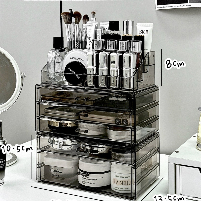 Kosmeetika hoiukarp, lauaarvuti sahtliga tualettlaud, huulepulgakarp, parfüümimask, akrüülist hoiuriiul