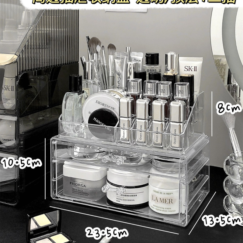 Kosmeetika hoiukarp, lauaarvuti sahtliga tualettlaud, huulepulgakarp, parfüümimask, akrüülist hoiuriiul