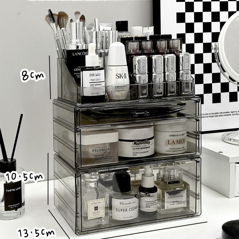 Kosmeetika hoiukarp, lauaarvuti sahtliga tualettlaud, huulepulgakarp, parfüümimask, akrüülist hoiuriiul