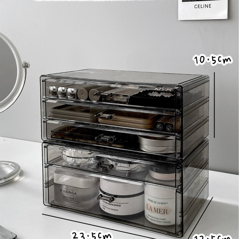 Kosmeetika hoiukarp, lauaarvuti sahtliga tualettlaud, huulepulgakarp, parfüümimask, akrüülist hoiuriiul