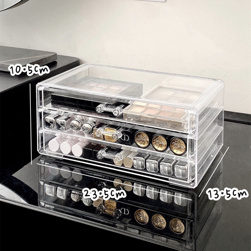 Kosmeetika hoiukarp, lauaarvuti sahtliga tualettlaud, huulepulgakarp, parfüümimask, akrüülist hoiuriiul