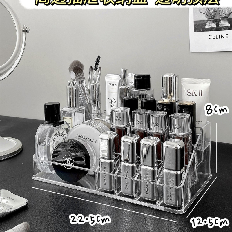 Kosmeetika hoiukarp, lauaarvuti sahtliga tualettlaud, huulepulgakarp, parfüümimask, akrüülist hoiuriiul