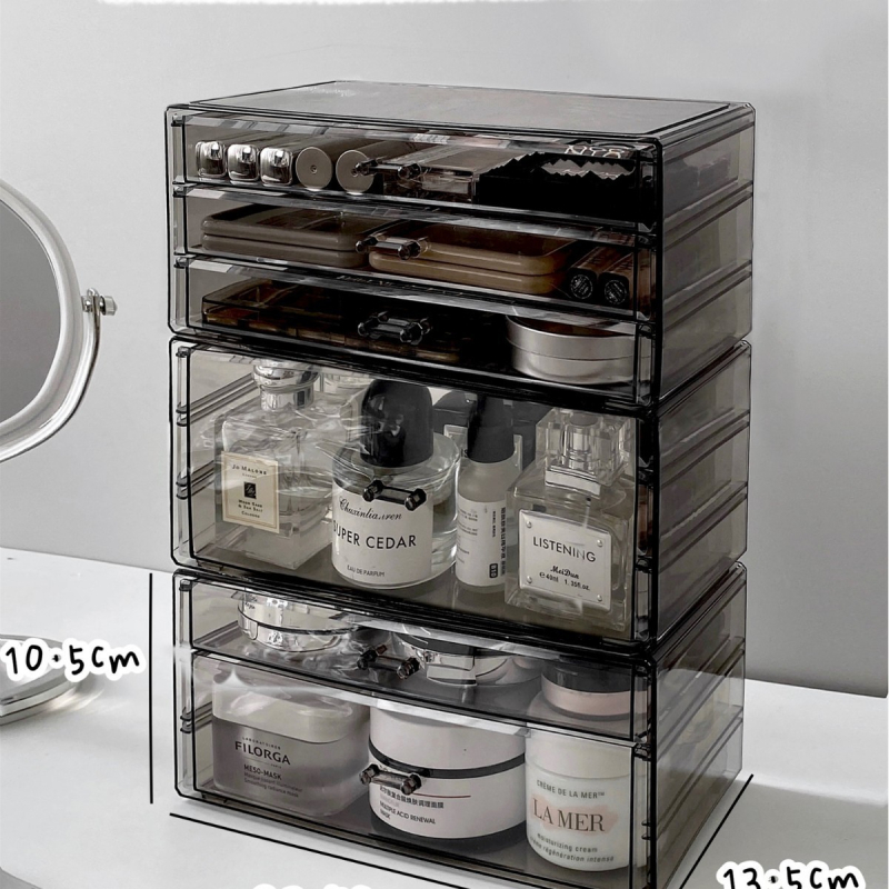 Kosmeetika hoiukarp, lauaarvuti sahtliga tualettlaud, huulepulgakarp, parfüümimask, akrüülist hoiuriiul