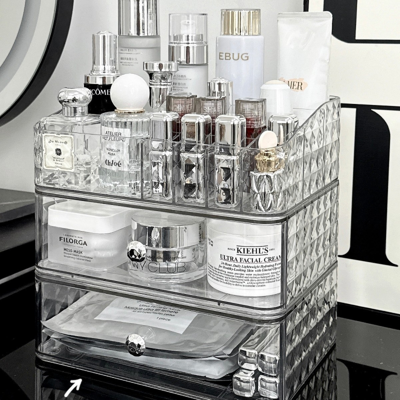 Kosmeetika hoiukarp, lauaarvuti sahtliga tualettlaud, huulepulgakarp, parfüümimask, akrüülist hoiuriiul