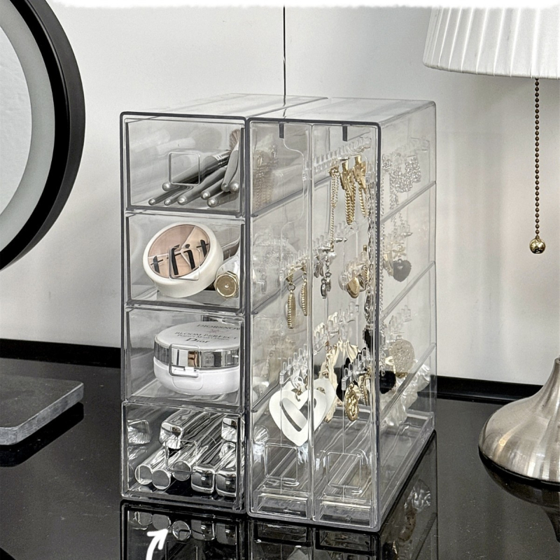 Kosmeetika hoiukarp, lauaarvuti sahtliga tualettlaud, huulepulgakarp, parfüümimask, akrüülist hoiuriiul