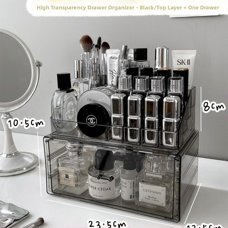 Kosmeetika hoiukarp, lauaarvuti sahtliga tualettlaud, huulepulgakarp, parfüümimask, akrüülist hoiuriiul