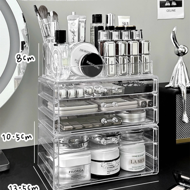 Kosmeetika hoiukarp, lauaarvuti sahtliga tualettlaud, huulepulgakarp, parfüümimask, akrüülist hoiuriiul