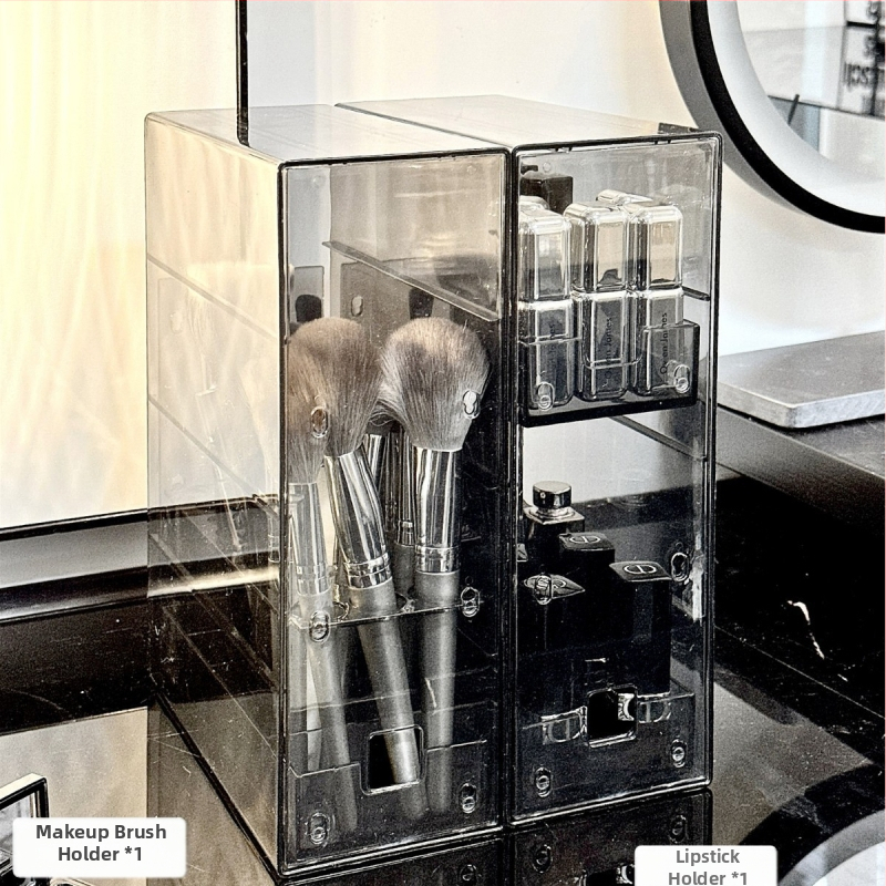 Kosmeetika hoiukarp, lauaarvuti sahtliga tualettlaud, huulepulgakarp, parfüümimask, akrüülist hoiuriiul