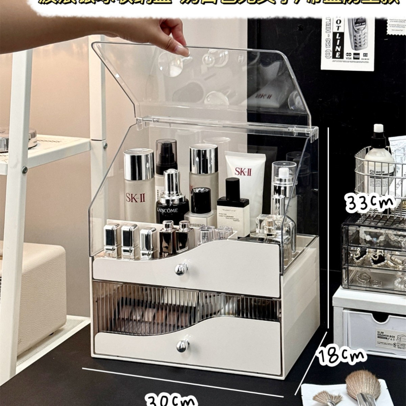 Kosmeetika hoiukarp, lauaarvuti sahtliga tualettlaud, huulepulgakarp, parfüümimask, akrüülist hoiuriiul