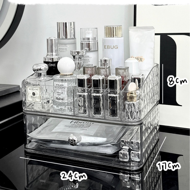 Kosmeetika hoiukarp, lauaarvuti sahtliga tualettlaud, huulepulgakarp, parfüümimask, akrüülist hoiuriiul