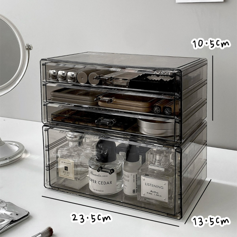 Kosmeetika hoiukarp, lauaarvuti sahtliga tualettlaud, huulepulgakarp, parfüümimask, akrüülist hoiuriiul