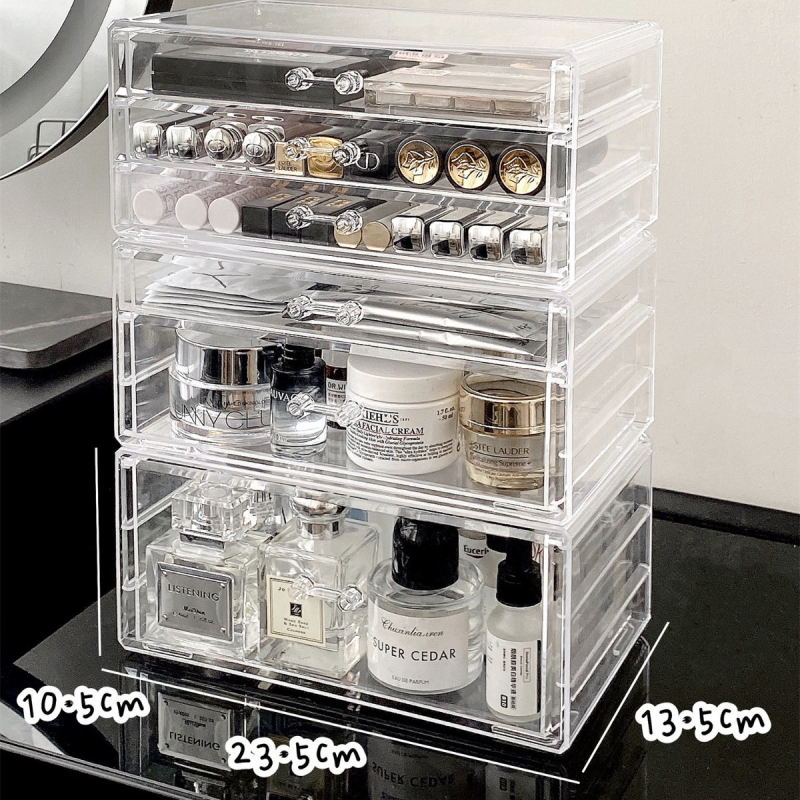 Kosmeetika hoiukarp, lauaarvuti sahtliga tualettlaud, huulepulgakarp, parfüümimask, akrüülist hoiuriiul