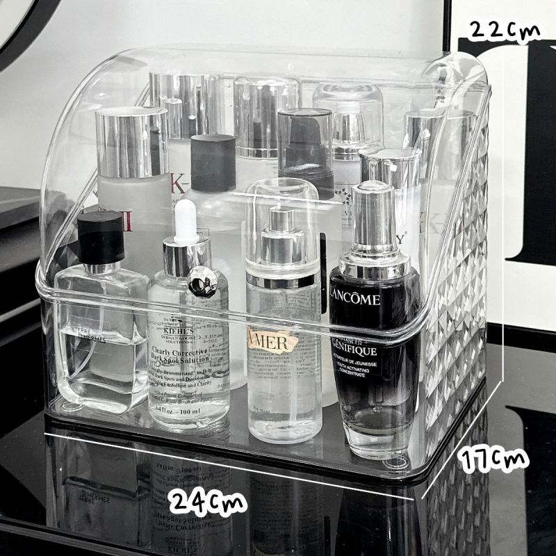 Kosmeetika hoiukarp, lauaarvuti sahtliga tualettlaud, huulepulgakarp, parfüümimask, akrüülist hoiuriiul