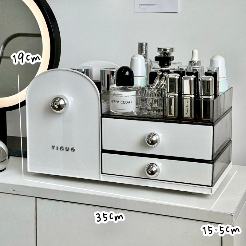 Kosmeetika hoiukarp, lauaarvuti sahtliga tualettlaud, huulepulgakarp, parfüümimask, akrüülist hoiuriiul