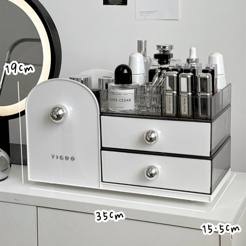 Kosmeetika hoiukarp, lauaarvuti sahtliga tualettlaud, huulepulgakarp, parfüümimask, akrüülist hoiuriiul