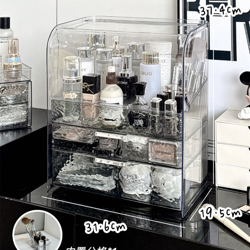 Kosmeetika hoiukarp, lauaarvuti sahtliga tualettlaud, huulepulgakarp, parfüümimask, akrüülist hoiuriiul