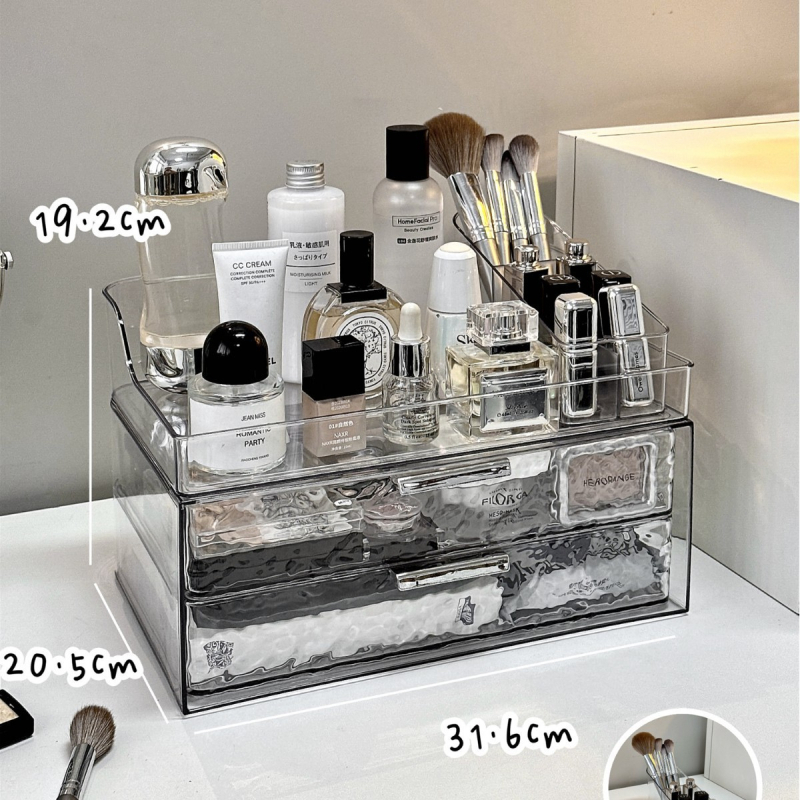 Kosmeetika hoiukarp, lauaarvuti sahtliga tualettlaud, huulepulgakarp, parfüümimask, akrüülist hoiuriiul