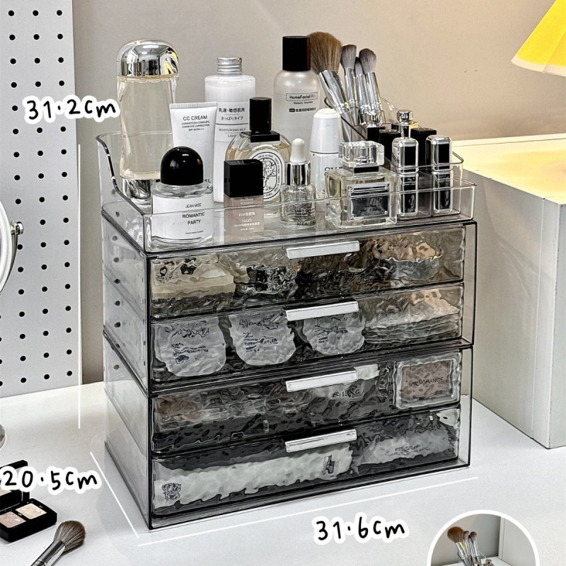 Kosmeetika hoiukarp, lauaarvuti sahtliga tualettlaud, huulepulgakarp, parfüümimask, akrüülist hoiuriiul