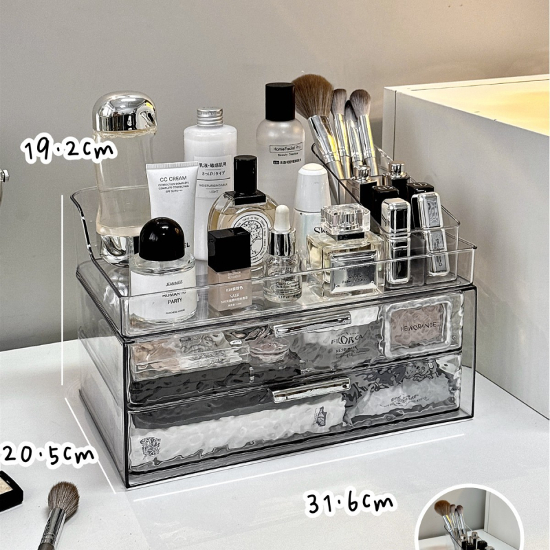 Kosmeetika hoiukarp, lauaarvuti sahtliga tualettlaud, huulepulgakarp, parfüümimask, akrüülist hoiuriiul