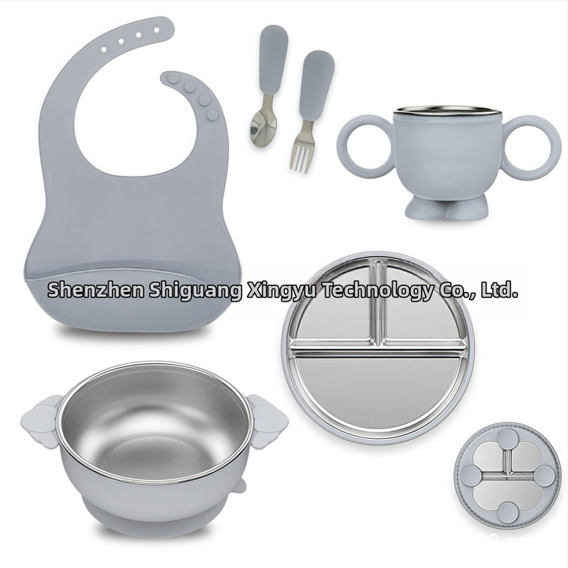 Комплект малки прибори за хранене от силиконова чиния за хранене за деца, хранителен клас, противопадаща, подвижна чиния за хранене от неръждаема стомана 304 с вендуза