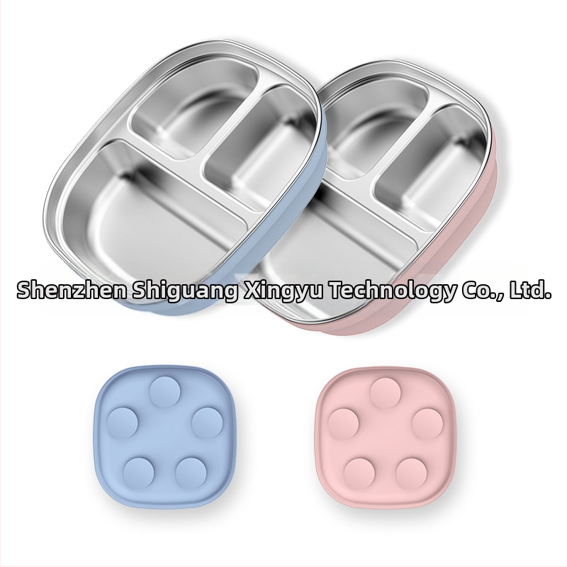 Laste söögitaldrikute komplekt, väikesed lauanõude komplektid, silikoonist, kukkumiskindel, eemaldatav, 304 roostevabast terasest söögitaldrik iminapaga