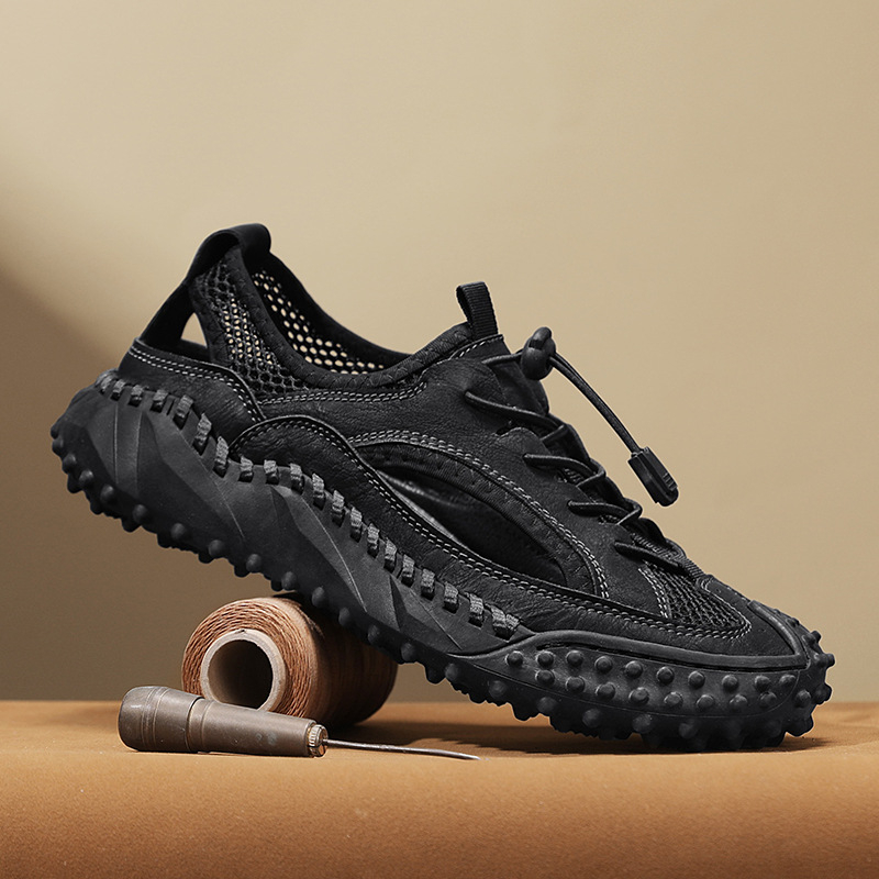 „AliExpress“ vyriški madingi laisvalaikio bateliai, didelio dydžio basutės, 2025 m. vasaros itin pluošto odiniai batai, didmeninė prekyba.