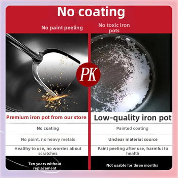 ✣ Παχύ παλιομοδίτικο διπλό αυτί σιδερένιο γουόκ οικιακής χρήσης με βαθύ στιφάδο, επίπεδη βάση, μεγάλο αντικολλητικό γουόκ επαγωγικής κουζίνας