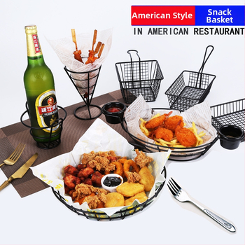 Amerikietiško stiliaus kūrybingi stalo įrankiai, geležiniai kepti užkandžių krepšeliai, bulvyčių fri krepšeliai, kepti krepšeliai, desertui skirti kepti viščiukai, duonos krepšeliai, lėkščių indai