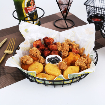 Amerikietiško stiliaus kūrybingi stalo įrankiai, geležiniai kepti užkandžių krepšeliai, bulvyčių fri krepšeliai, kepti krepšeliai, desertui skirti kepti viščiukai, duonos krepšeliai, lėkščių indai