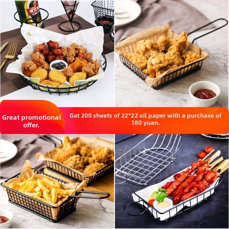 Amerikietiško stiliaus kūrybingi stalo įrankiai, geležiniai kepti užkandžių krepšeliai, bulvyčių fri krepšeliai, kepti krepšeliai, desertui skirti kepti viščiukai, duonos krepšeliai, lėkščių indai