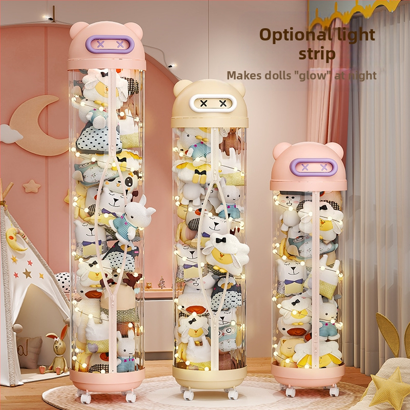 Pliušinis žaislų laikymo statinė, vaikų lėlės „Muppet“, organizuojanti didelę lėlių laikymo vamzdelį, permatomą cilindrinę laikymo dėžę