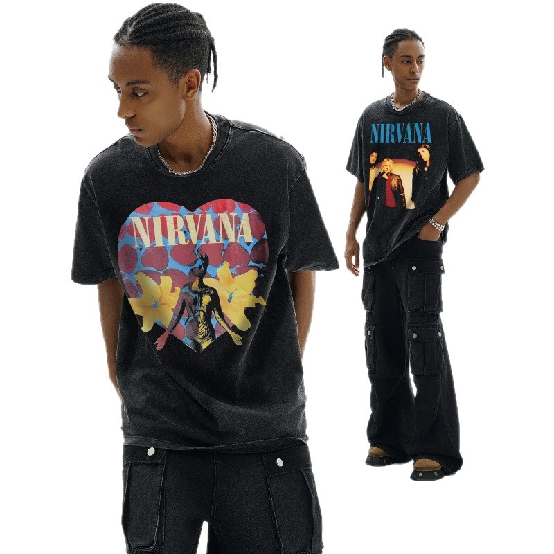 Nirvana Rock American 3D digitaaltrükiga retro lühikeste varrukatega T-särk, piiriülese trükiga, Ameerika moodne vintage puuvillaimitatsioon