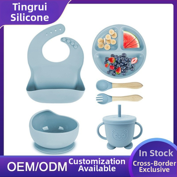 Tacâmuri din silicon pentru mamă și bebeluș, bol pentru mâncare pentru bebeluși, accesorii pentru hrănire, farfurie din silicon alimentar, bavetă, cană cu apă, furculiță și lingură, transfrontaliere