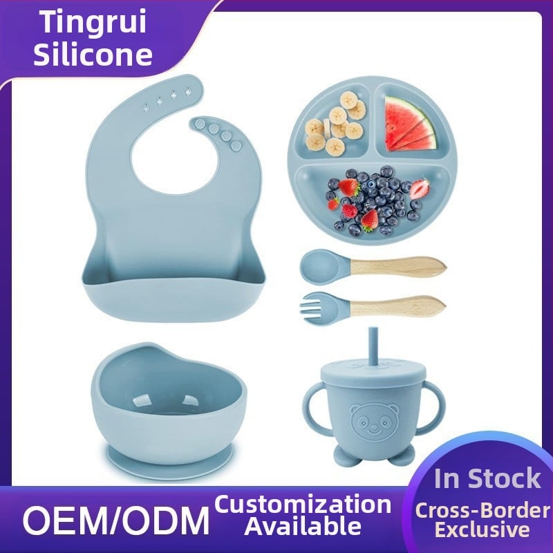 Επιτραπέζια σκεύη σιλικόνης για μητέρα και μωρό, μπολ βρεφικής τροφής, είδη φαγητού, πιάτο φαγητού σιλικόνης κατάλληλο για τρόφιμα, σαλιάρα, ποτήρι νερού, πιρούνι και κουτάλι, διασυνοριακή χρήση