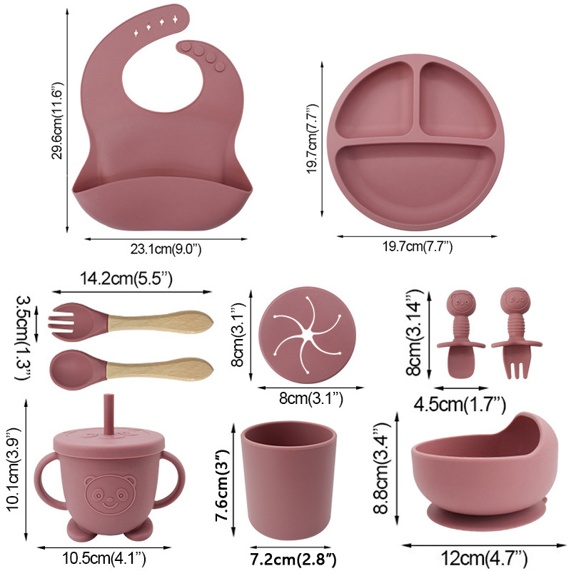 Tacâmuri din silicon pentru mamă și bebeluș, bol pentru mâncare pentru bebeluși, accesorii pentru hrănire, farfurie din silicon alimentar, bavetă, cană cu apă, furculiță și lingură, transfrontaliere