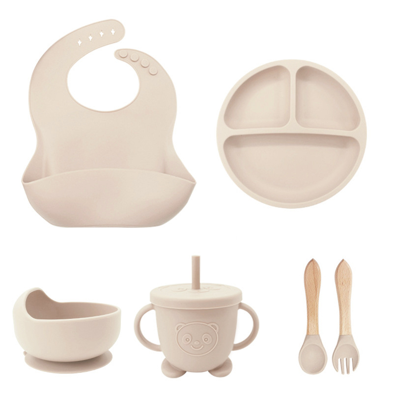 Tacâmuri din silicon pentru mamă și bebeluș, bol pentru mâncare pentru bebeluși, accesorii pentru hrănire, farfurie din silicon alimentar, bavetă, cană cu apă, furculiță și lingură, transfrontaliere