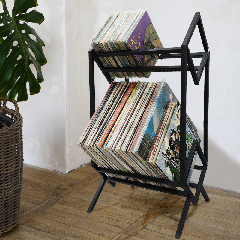 Kodumajapidamises kasutatava elutoa plaadiriiul, multifunktsionaalne vinüülplaatide hoiuriiul, loominguline mitmekihiline rauast ja puidust plaadiriiul