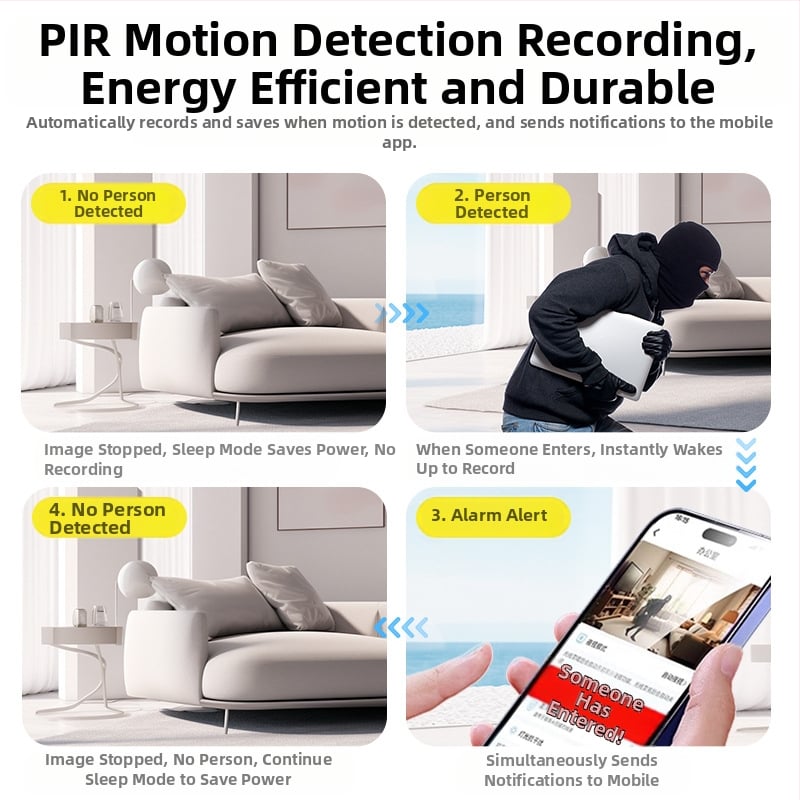 Bezvadu wifi kameras izslēgšanas akumulators WiFi versija iebūvēts litija akumulators PIR humanoīdu noteikšanas mājas monitors