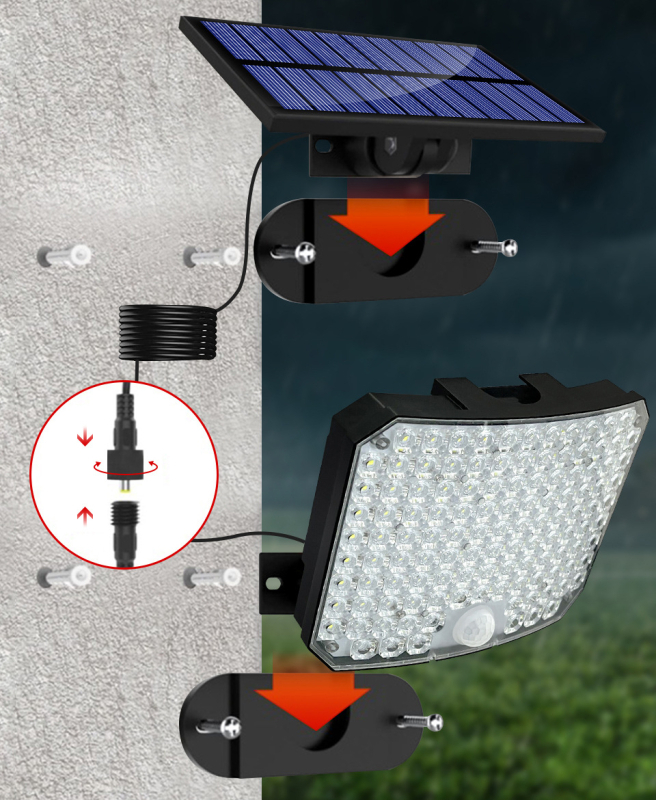 Päikeseenergial põhinev seinavalgusti 118 LED-ga välistingimustes kasutatav turvagaraaži inimkeha induktsiooniga veekindel aiavalgusti valguse juhtimisega seinavalgusti