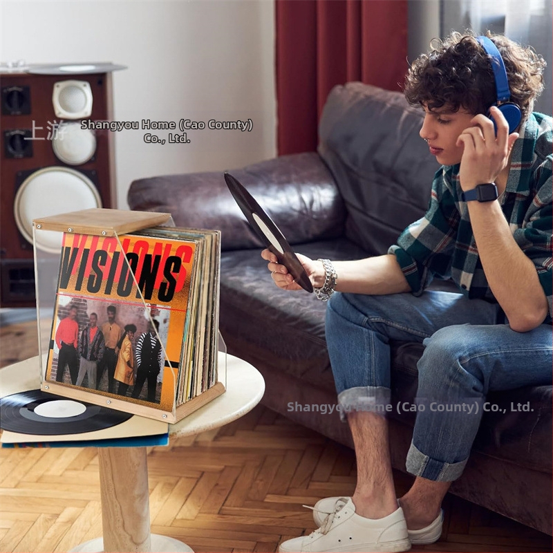 Drevený stojan na platne, stolové ozdoby, priehľadný stojan na vinylové platne, úložný box na knihy s páskou, úložný box z masívneho dreva