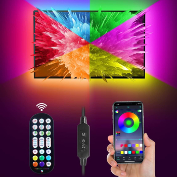 LED lemputės su 5 metrų ilgio televizoriaus foniniu apšvietimu, plikos plokštės, 5 V USB maitinimo šaltinio, programėlės, nuotolinio valdymo pulto, RGB muzikos ritmo.