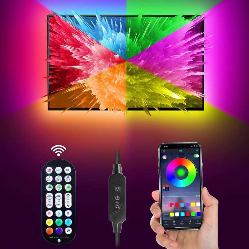 LED lemputės su 5 metrų ilgio televizoriaus foniniu apšvietimu, plikos plokštės, 5 V USB maitinimo šaltinio, programėlės, nuotolinio valdymo pulto, RGB muzikos ritmo.