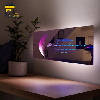 TEMU hindi mėnulio formos veidrodinė lempa su užsakomuoju POD pavadinimu ir žinute, stačiakampio formos veidrodžio papuošimais, Valentino dienos dovana