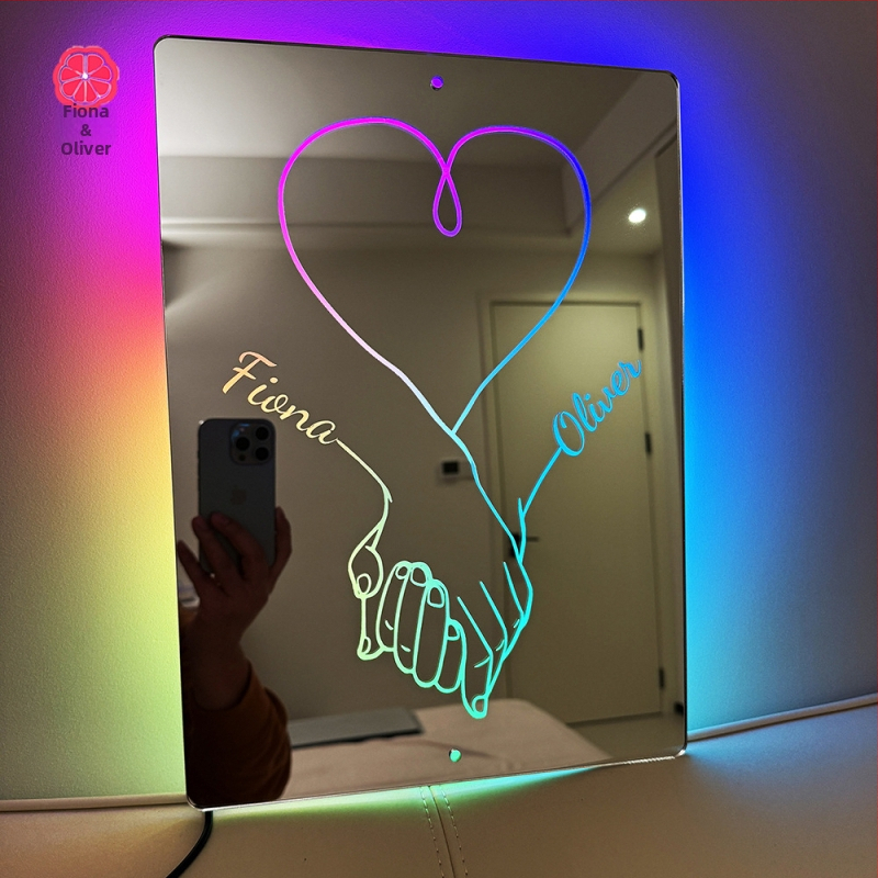 Трансгранична двойка, държана за ръка, лампа с огледало с име, персонализирана лампа с огледало с име, фабрика за коледни подаръци за Свети Валентин
