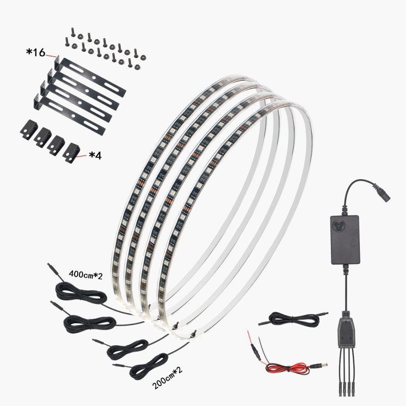 Piiriülesed auto kahepoolsed rattarummu tuled, värvilised voolavad šassiituled, maastikusõiduki maasturi pimestavad värvilised atmosfäärirehvituled