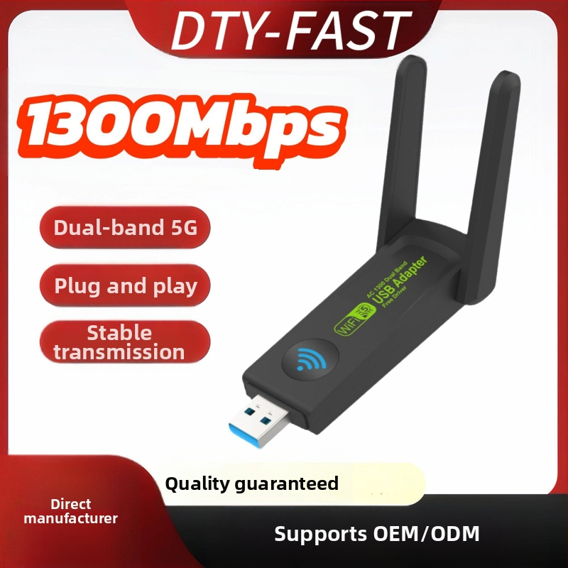 Placă de rețea wireless de 1300 m, fără driver, Gigabit Dual-Band, receptor USB pentru desktop, transmițător Wifi, compatibilitate completă cu rețeaua