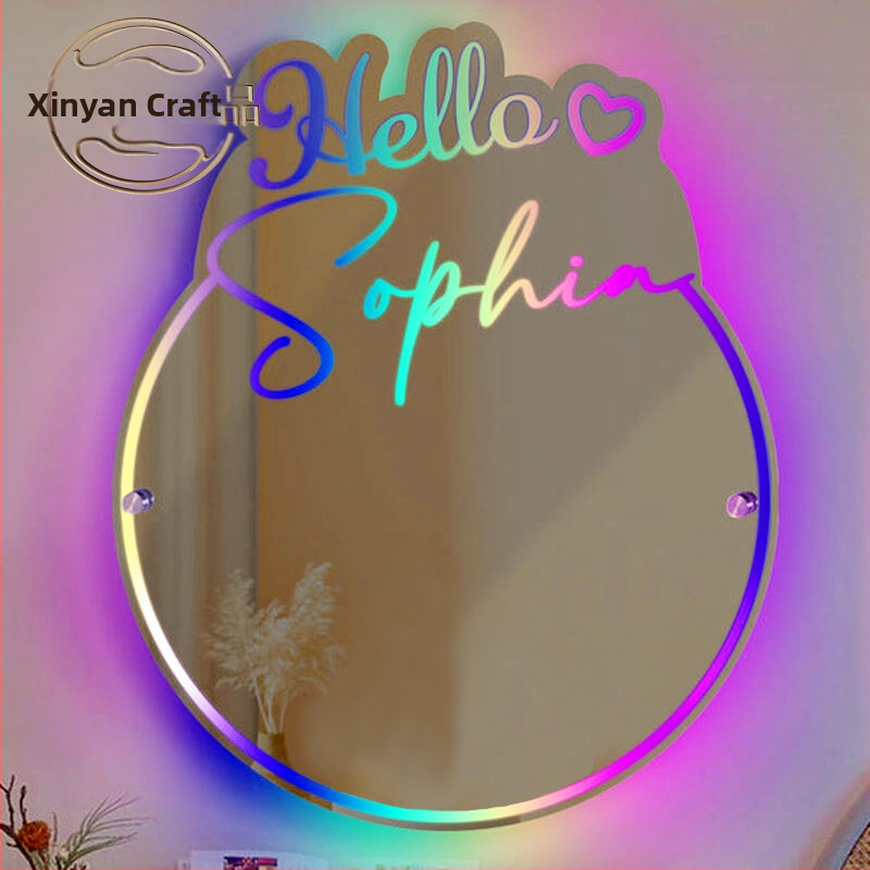 Temu Xiyin - Személyre szabott, világító, névvel ellátott, kerek tükörlámpa, személyre szabott éjjeliszekrény-díszek, függővilágítás