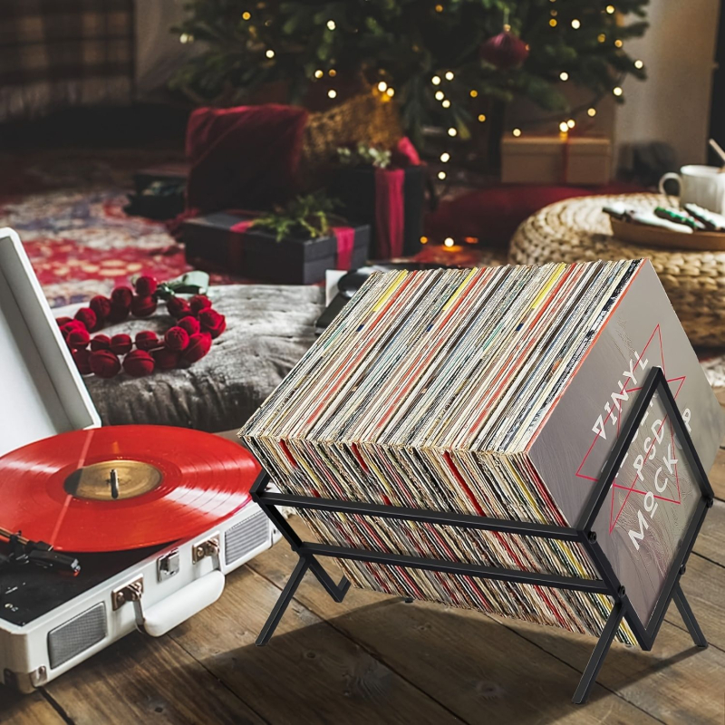 Стойка за винилови плочи - здрава желязна рамка, прахово боядисано покритие, черна А-образна рамка