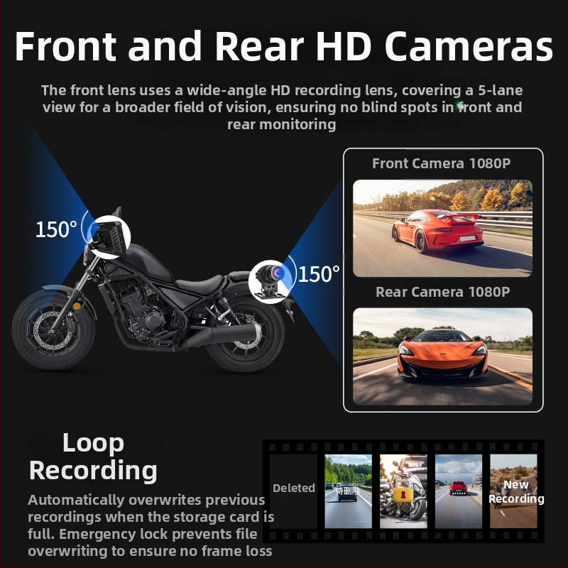 5,5-инчов рекордер за шофиране на мотоциклет, безжичен Carplay проекционен екран, навигация, откриване на налягането в гумите, предни и задни двойни обективи
